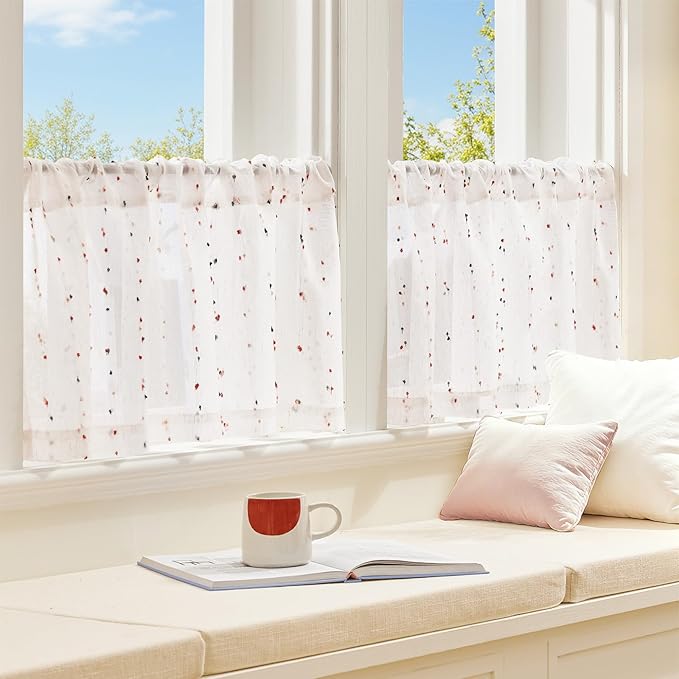 jinchan Valance Curtains for Windows 16 Inch Colorful Mini Pom-Pom Country Farmhouse Kitchen Valance Semi Sheer Voile Samll Window Treatment for Bedroom Living Room Rod Pocket 1 Panel Blush Meadow
