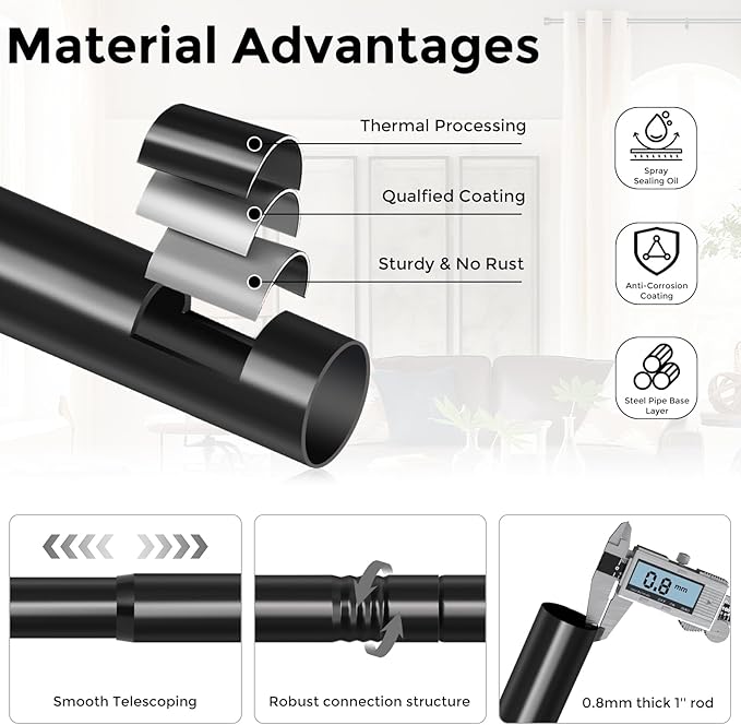 2 Pack Curtain Rods for Windows 48 to 84 Inch, Black Modern 1 Inch Window Treatment Rods with Black End Cap Finials, Decorative Adjustable Heavy Duty Easy Install Drapery Rods for Bedroom