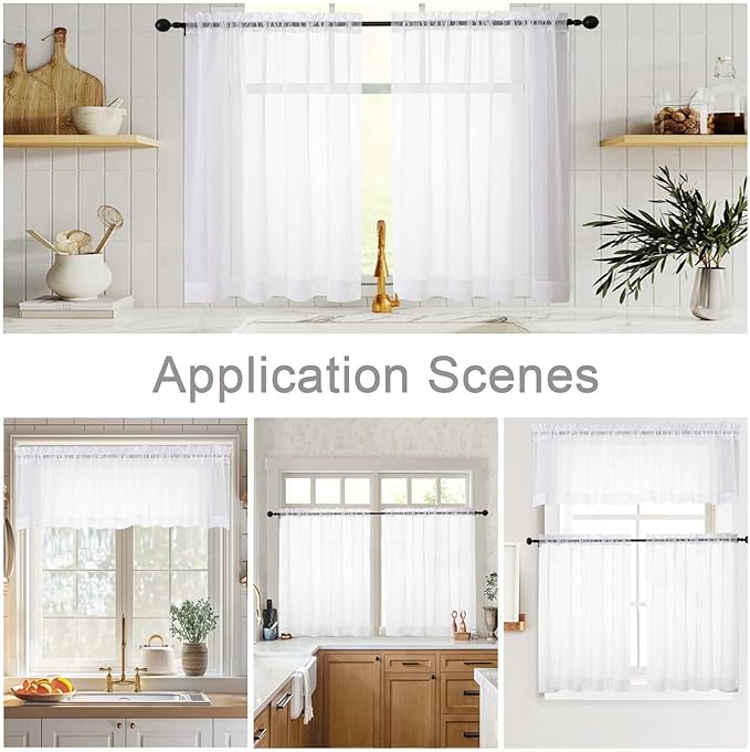 Kitchen Curtains 24 Inch Length Tier 2 Pieces, White Sheer Curtain Solid Soft Sheer Short Curtains for Windows, Cafe Bathroom Basement Rod Pocket Drapes, White, Each 42" Wx24 L Inches