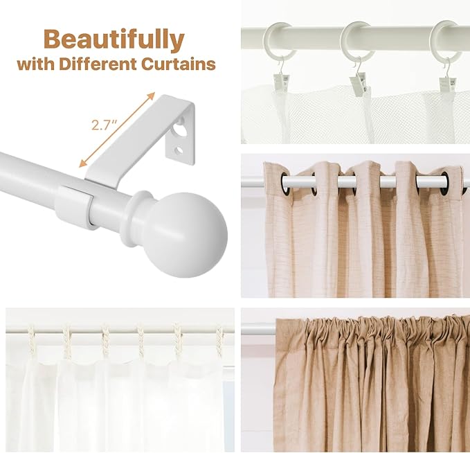 White Curtain Rods for Windows 30 to 62 inch, Splicing Adjustable 5/8 Diameter Curtain Rod Set, Decorative Standard Drapery Rod for Living Room, Heavy Duty Metal Curtain Pole, Easy Install - White
