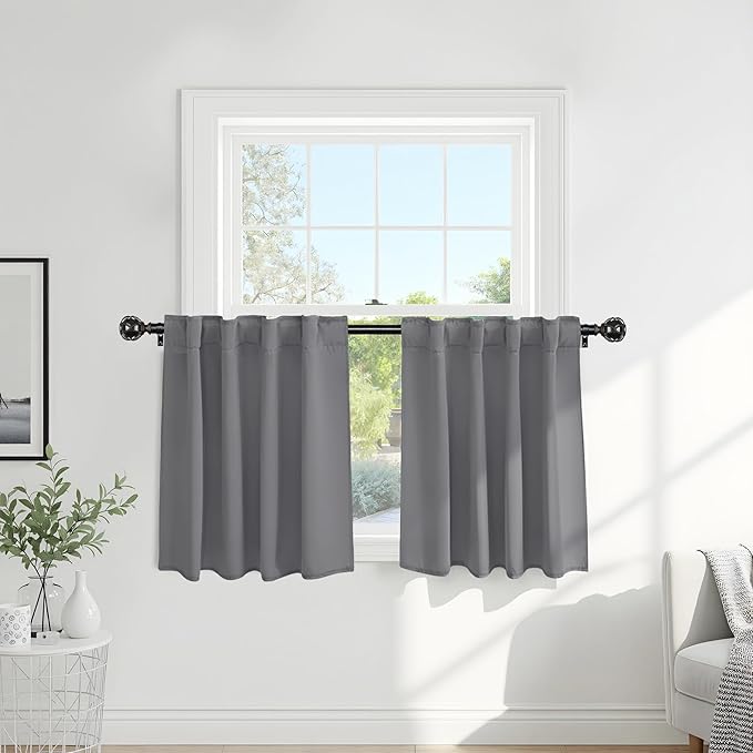 PONY DANCE Kitchen Curtains 36 inches Length - Half Curtain Tiers for Windows Decoration Rod Pocket Drapes Light Block for Kitchen/Bathroom, 42 W x 36 L, Silver Grey, Pack-2