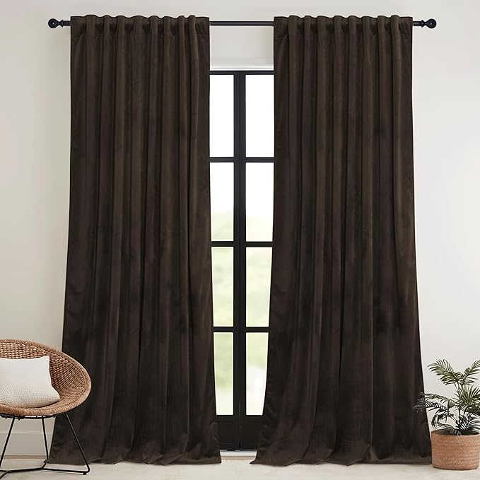 RYB HOME Brown Velvet Curtains 72 inches with Hook Belt, Soft Fabric Room Darkening Thermal Insulated Luxurious Home Decor Curtains for Living Room Bedroom, W 52" x L 72", 2 Panels Set