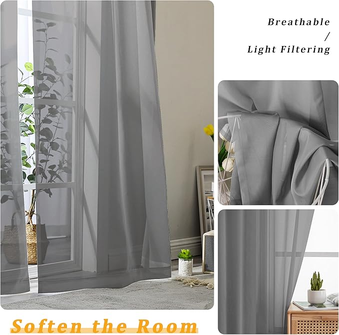 Gwine Charcoal Grey Sheer Curtains 90 Inches Long 2 Panels Set, Light Filtering Solid Filmy Drapes for Living Room Bedroom, Elegant Soft Rod Pocket Voile Sheer Window Curtains, 42Wx90L Inch, 2PCS