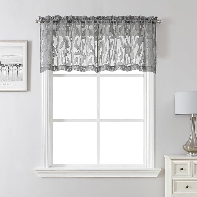 Lecloud Leia Charcoal Grey Sheer Valances for Windows 18 Inch Length 2 Pcs, Dual Rod Pocket Small Voile Kitchen Curtains, Jacquard Leaf Textured Cafe Curtains for Bathroom, Each Panel 28" W x 18" L