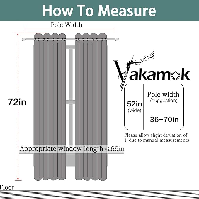 Yakamok 72 Inch Long Blackout Curtains for Bedroom, Thermal Insulated Room Darkening Curtains, Light Blocking Blackout Drapes for Living Room- 2 Panels,52x72 Inch, Charcoal Grey