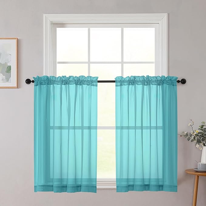 Cafe Curtains 36 Inch Length Tier 2 Pieces, Modern Soft Airy Sheer Kitchen Short Curtains for Small Window, Rod Pocket Small Curtain for Bathroom Basement, Turquoise, Each, 42" Wx36 L Inches