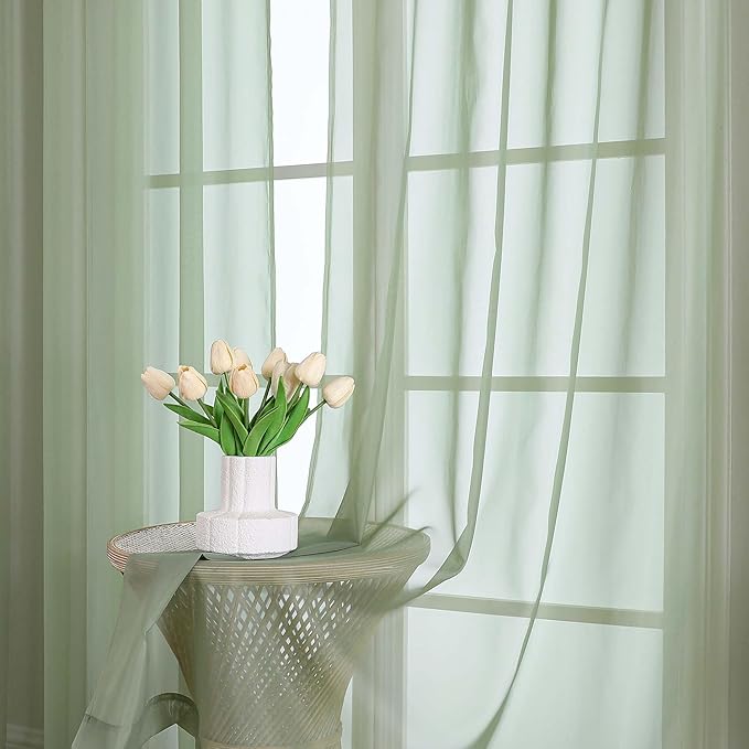 Chyhomenyc Sage Green Sheer Curtains 90 Inches Long 2 Panels, Light Filtering Green Curtains for Living Room, Soft Gentle Voile Rod Pocket Bedroom Window Drapes, 59Wx90L Inch, 2PCS