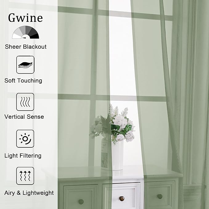 Gwine Sage Green Sheer Curtains 84 Inches Long 2 Panels Set for Living Room, Rod Pocket Voile Bedroom Curtains, Light Filtering Solid Window Sheer Panels, Each 42" Wx84 L
