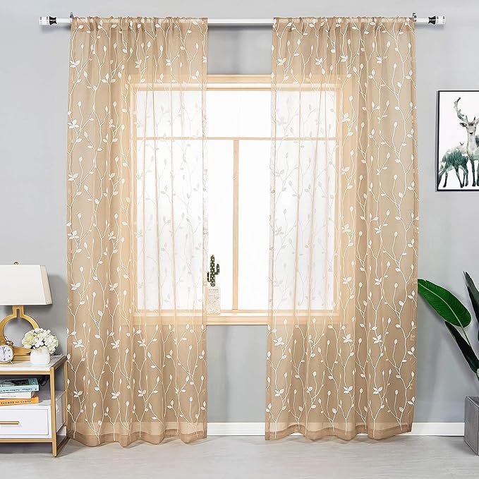 AmHoo 2 Panels Embroidered Leaf Pattern Semi Sheer Curtains Foliage Floral Voile Window Draperies Treatment for Bedroom Living Room Rod Pocket Beige 53 x 63 Inch