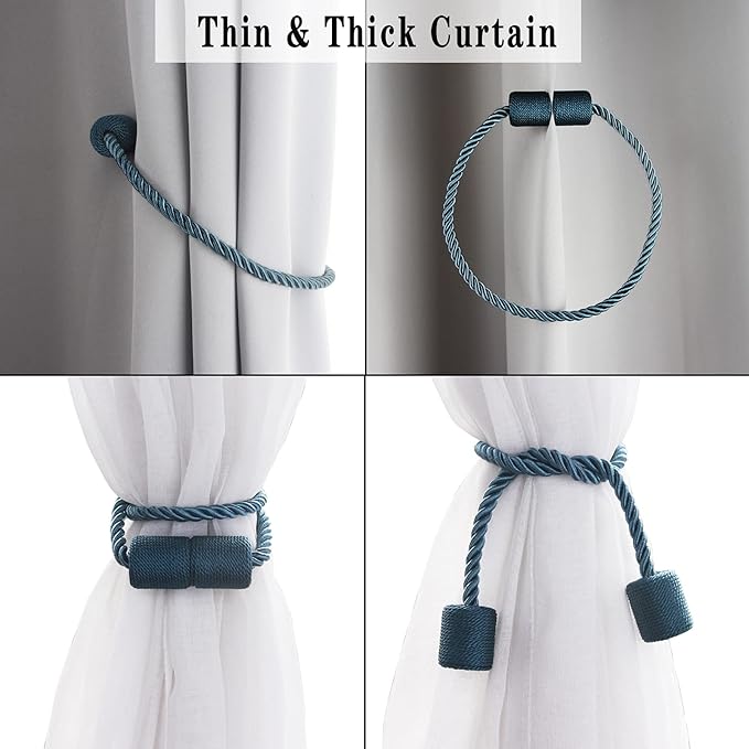 4 Pack Blue Strong Magnetic Curtain Tiebacks Outdoor Elegant Decorative Tie Backs Modern Rope Tiebacks for Drapes Window Curtain Holdbacks for Draperies