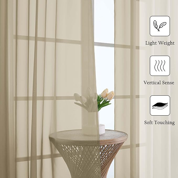 Lecloud Taupe Sheer Curtains 108 Inches Long 2 Panels, Dual Rod Pocket Light Filtering Bedroom Curtains for Living Room Decor, Airy Solid Color Window Treatments Drapes, Each Panel 59" W x 108" L