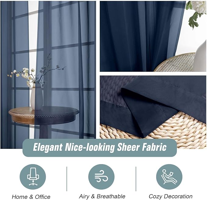 Navy Blue Sheer Curtains 63 Inch Length 2 Panels, Voile Sheer Curtain for Living Room, Breathable Light Filtering Modern Window Treatments, Soft Fabric Dual Rod Pocket Drapes, 2x42Wx63L Inches