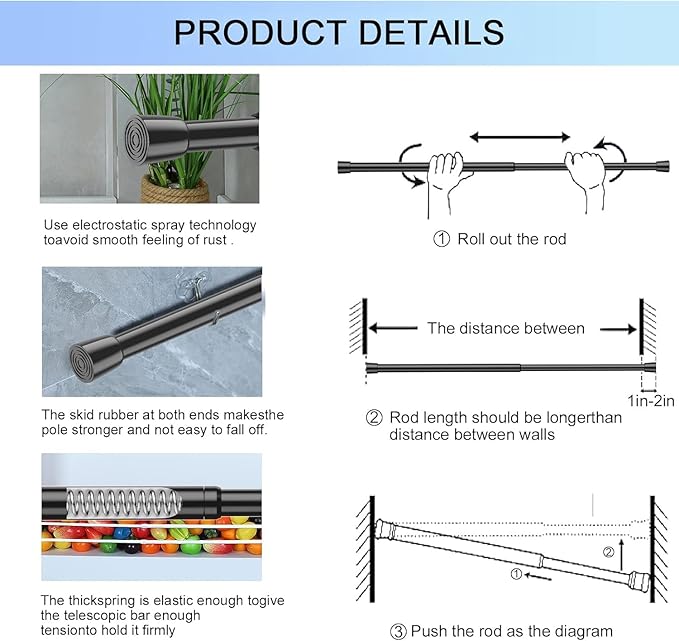 AIZESI Spring Tension Rods Adjustable Tension Curtain Rod Small Tension Rod No Drilling Expandable Spring Loaded Curtain Tension Rod（Black,26" to 39"-6Pcs)
