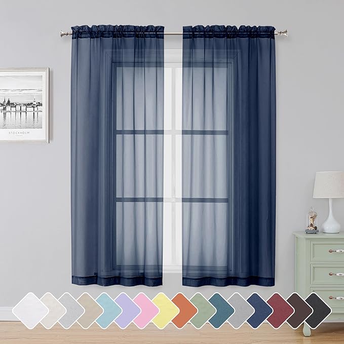 Simplebrand Blue Sheer Curtains 63 Inch Length 2 Panels, Rod Pocket Solid Color Window Sheer Curtain Panels, Elegant Curtains & Drapes for Living Room, Bedroom 2 Panels (Navy Blue, 42" W x 63" L)