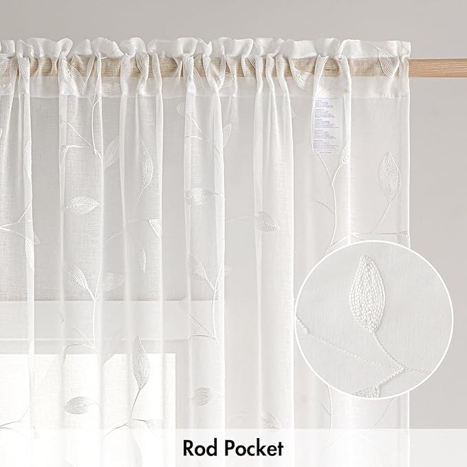 MIULEE White Sheer Curtains 2 Panels Embroidered Leaf Patterned Rod Pocket Floral Semi Sheer Faux Linen Window Curtains Drapes Set for Living Room Bedroom Dining Room, 52x84 Inches Long