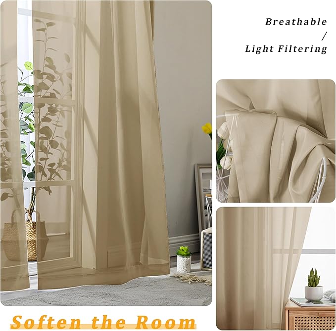 Gwine Taupe Sheer Curtain Tiers 24 Inch Length, Light Filtering Voile Short Curtain for Living Room Bedroom, Rod Pocket Cafe Curtains for Small Windows 42x24 Inch, 2PCS