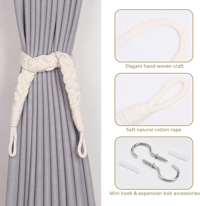 NICEEC 4 Pack Natural Cotton Rope Curtain Tiebacks Elegant Boho Style Decorative Drape Tie Backs Soft Hand-Woven Rope Curtain Holdbacks with Metal Hook for Home & Office Drapery (Cream)