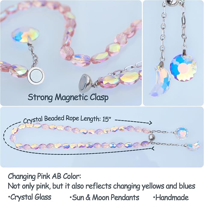 PEDOBO Magnetic Curtain Tiebacks, 2 Pack Crystal Beaded Sun & Moon Pendants Sheers/Draperies Holdbacks for Window Home Office Decor (Pink)