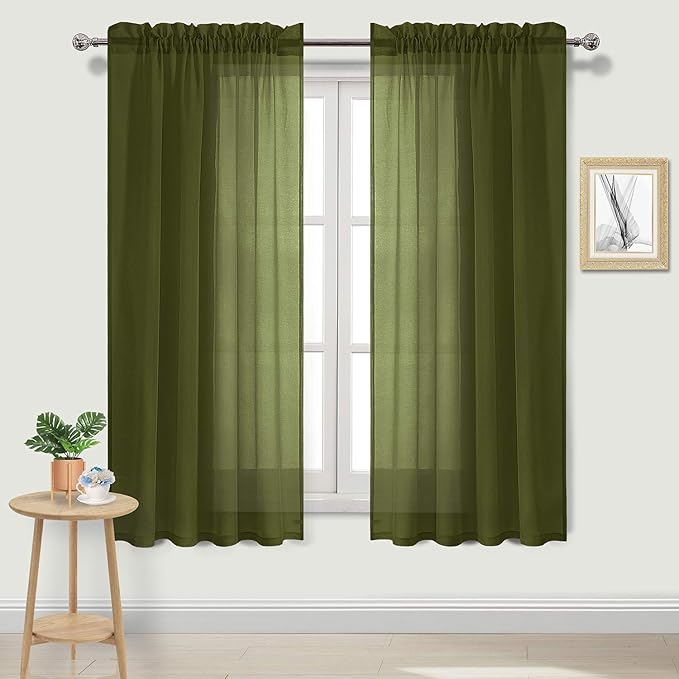 DWCN Olive Green Sheer Curtains Semi Transparent Voile Rod Pocket Curtains for Bedroom and Living Room, 52 x 63 inches Long, Set of 2 Panels