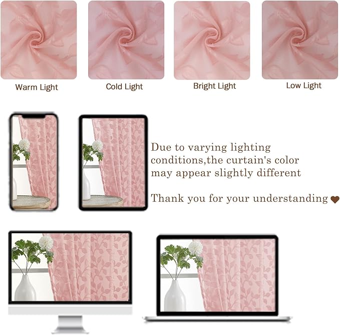 Chyhomenyc Blush Pink Sheer Curtains 90 Inch Length 2 Panels Set, Light Filtering Tufted Textured Soft Airy Rod Pocket Gentle Leaf Window Treatment Drapes for Bedroom Living Room, 42" Wx90 L, 2PCS