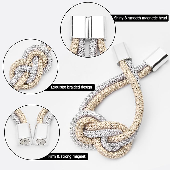 NICEEC 4 Pack Mini Magnetic Curtain Tiebacks Nordic Simple Style Drape Tie Backs Elegant Hand Weave Rope Knot Decorative Curtain Holdbacks for Home & Office Thin Window Drapery (Grey & Beige)