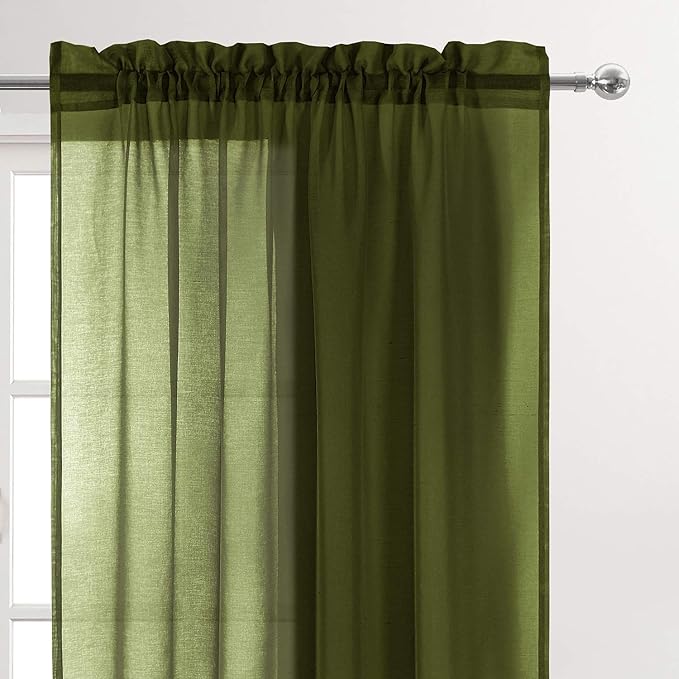 DWCN Olive Green Sheer Curtains Semi Transparent Voile Rod Pocket Curtains for Bedroom and Living Room, 52 x 63 inches Long, Set of 2 Panels