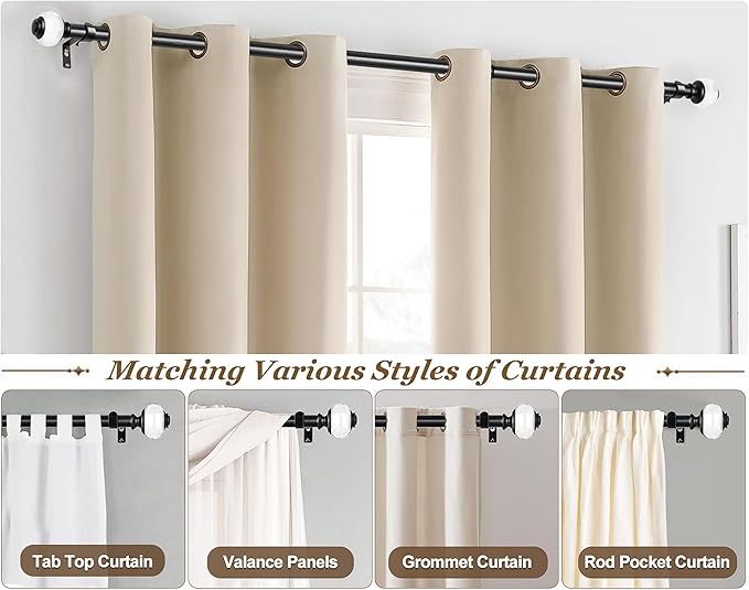 Curtain Rods 32 to 58 Inch (2.6-4.8ft), USFOOK 7/8 Inch Telescoping Splicing Drapery Rods for Windows, Matte Black Decorative Curtain Rod for Home with Translucent Finials