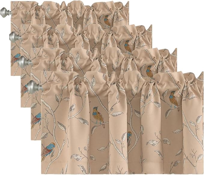 H.VERSAILTEX Blackout Curtain Valances for Kitchen Window/Living Room/Bathroom Privacy Added Rod Pocket Home Decoration Winow Valance, 52" W x 18" L, Birds in Taupe (Pack of 4)