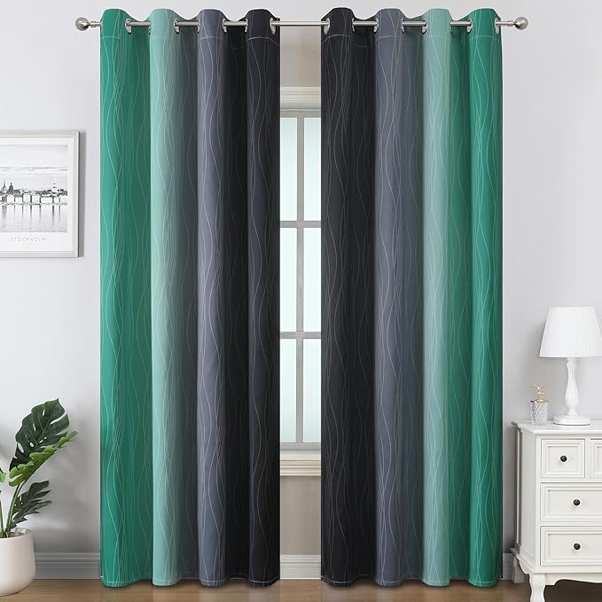 Estelar Textiler Green & Black Ombre Blackout Curtains 96 Inch Length 2 Panels, Light Blocking Thermal Insulated Room Darkening Window Drapes for Bedroom/Living Room, 52x96 Inch