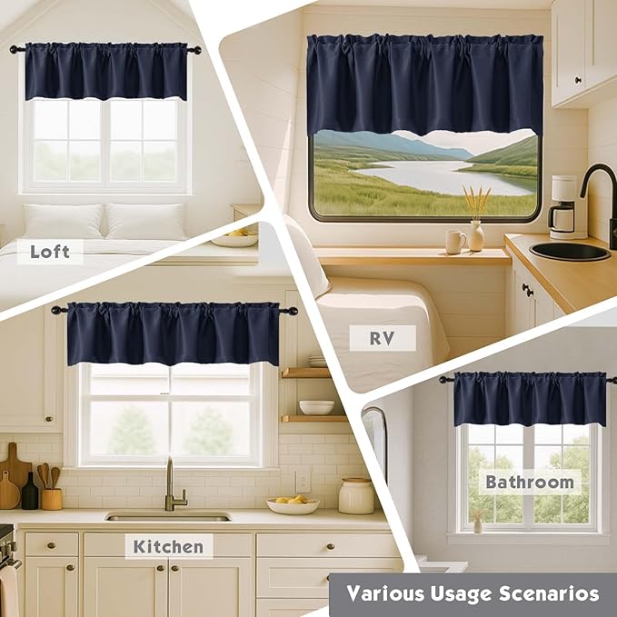 Chyhomenyc Navy Blue Valances for Window, Room Darkening Short Curtains for Kitchen Bedroom Living Room, Rod Pocket Top Small Window Treatment Valance RV Bunk Panels, 40" Wx18 L, 2 Pieces