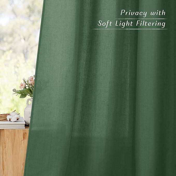 NICETOWN Olive Green Linen Kitchen Window Curtains Over Sink, Grommet Thick Linen Olive Green Short Window Treatments Privacy Assured with Light Filtering for Bedroom/Bathroom, W34 x L36, 2 Panels