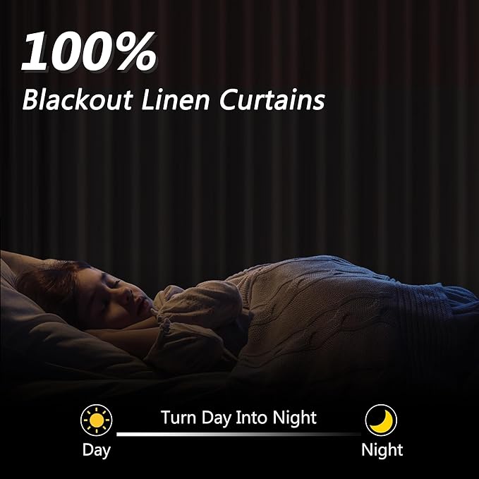 Guken Black 100% Blackout Curtains 96 Inch Length 2 Panels Set for Living Room Bedroom Back Tab Thermal Insulated Black Out Linen Drapes Room Darkening Window Curtains 96 Inches Long