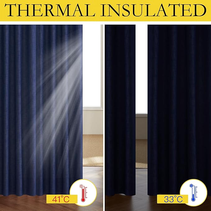 NICETOWN 100% Absolutely Blackout Linen Curtains with Thermal Insulated White Liner, Dark Blue, 52" Wide, 2 Pieces, Privacy Vertical Window Drapes for Office Laundry Living Room Windows 84 inch Long
