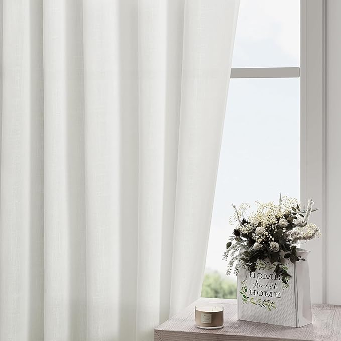 Off White Linen Curtains 96 Inches Long 2 Panels Set Back Tab Rod Pocket Semi Sheer Light Filtering Window Curtain Drapes Neutral Modern Aesthetic Long Curtains for Living Room Bedroom Decor 40x96