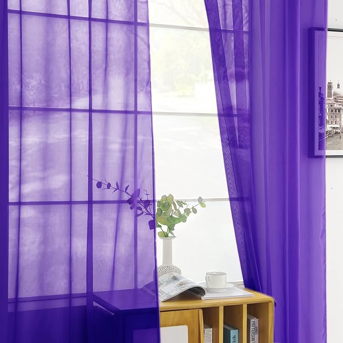 youleyar Solid Sheer Rod Pocket Curtain Voile Draperies 2 Panels White Beige Black Grey Coffee 52 Inch Width 54 Inch Long 1 Pair for Kitchen Bedroom Children Living Room Yard (Purple,52Wｘ54L)