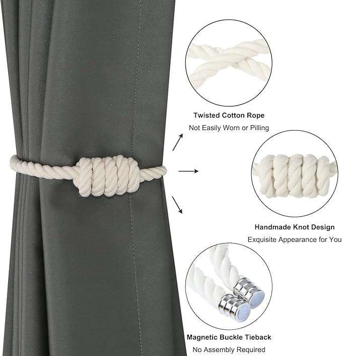 BEL AVENIR Magnetic Cotton Curtain Tiebacks, Decorative Drapery Holdbacks Modern Woven Tie-Backs with Exquisite Knot (Cotton, 4 Pack)