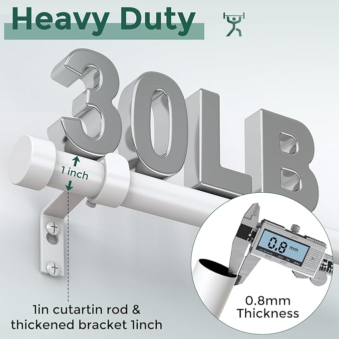 White Curtain Rods for Windows 36 to 240 Inch(3-20 Feet),1" Diameter Rods with Modern Style End Cap Finials,Size:36-240 Inch