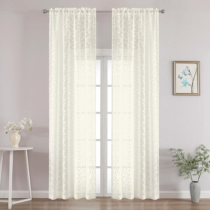 Chyhomenyc Ivory Sheer Curtains 96 Inch Length 2 Panels Set, Light Filtering Tufted Textured Soft Airy Rod Pocket Gentle Leaf Window Treatment Drapes for Bedroom Living Room, 42" Wx96 L, 2PCS