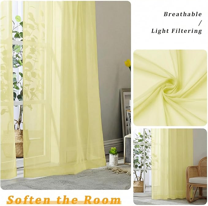 Gwine Light Yellow Sheer Curtains 63 Inch Length for Living Room 2 Panels, Light Filtering Rod Pocket Window Curtain Treatment for Bedroom, Voile Elegant Sheer Drapes，Each 42Wx63L