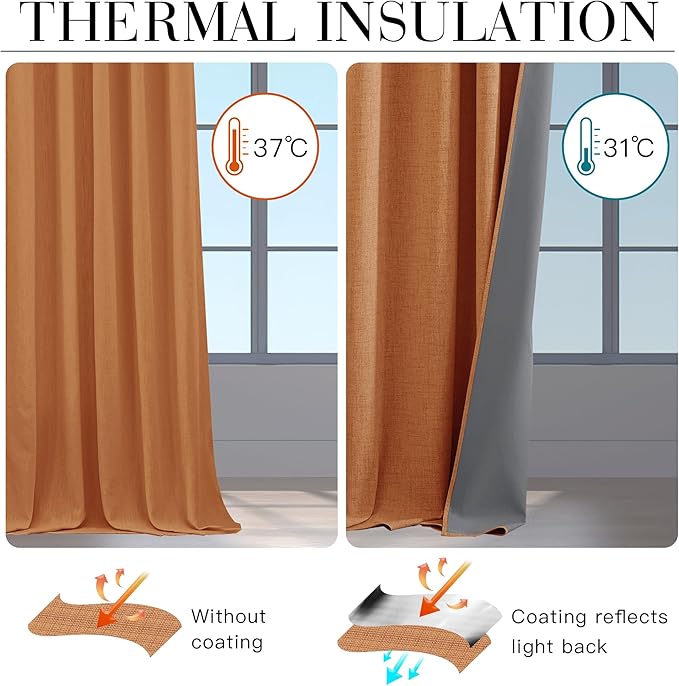 RYB HOME Burnt Orange Total Blackout Curtains Linen Texture, Fall Curtains for Bedroom/Living Room/Sliding Door, Thermal Insulated Boho Farmhouse Home Decor, Luxury Privacy Drapes, W52xL96, 2 Panels