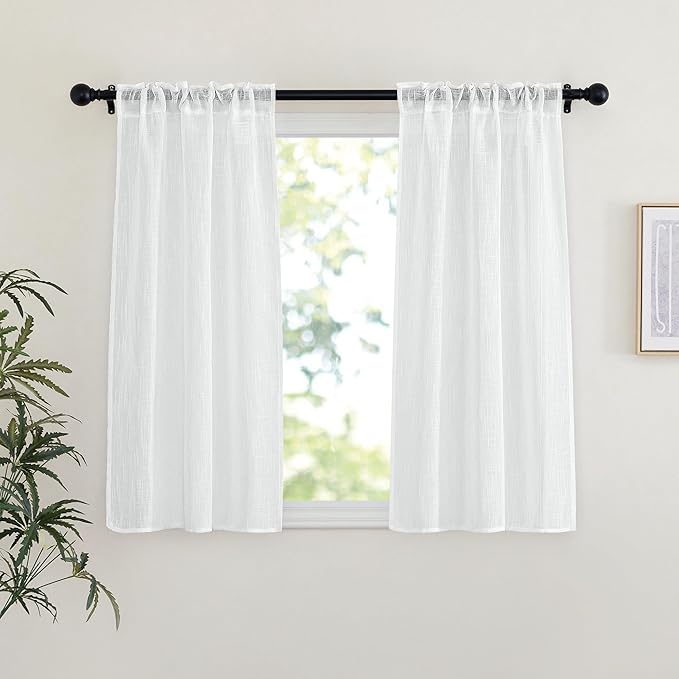 NICETOWN White Sheer Curtains 45 inches Long for Bedroom, Rod Pocket & Back Tab Linen Blend Window Treatments Semi Sheer Privacy Drapes with Light Filter for Farmhouse, W29 x L45, 2 Panels