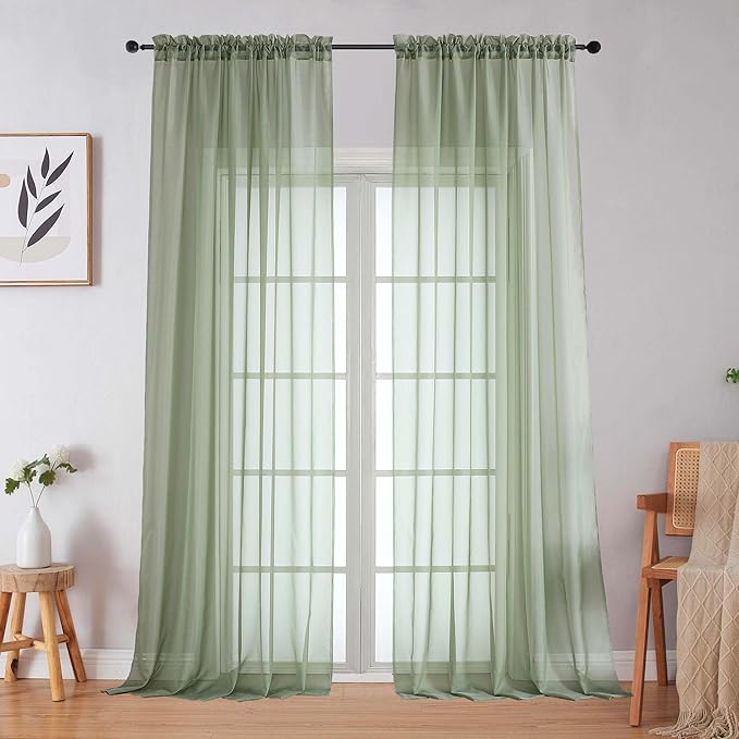 Sage Green Sheer Curtains for Bedroom Living Room 96 Inches Long 2 Panels, Modern Airy Soft Lightweight Rod Pocket Light Filtering Sheer Curtains Drapes, Each 59" Wx96 L Inch