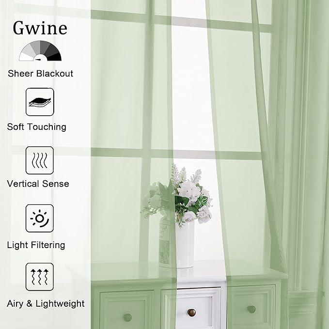 Gwine Light Green Sheer Curtains 63 Inch Length for Living Room 2 Panels, Light Filtering Rod Pocket Window Curtain Treatment for Bedroom, Voile Elegant Sheer Drapes，Each 42" Wx63 L, Light Green
