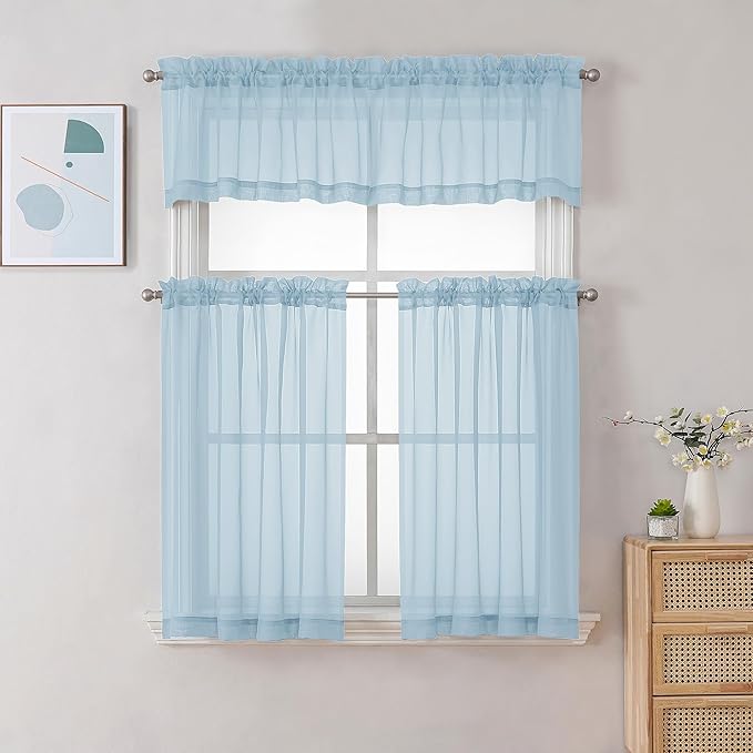 Gwine Sky Blue Sheer Curtains 30 Inch Length, Short Light Filtering Voile Small Cafe Kitchen Curtains with Rod Pocket, Short Curtain for Bathroom Window, 42x30 Inch, 2PCS