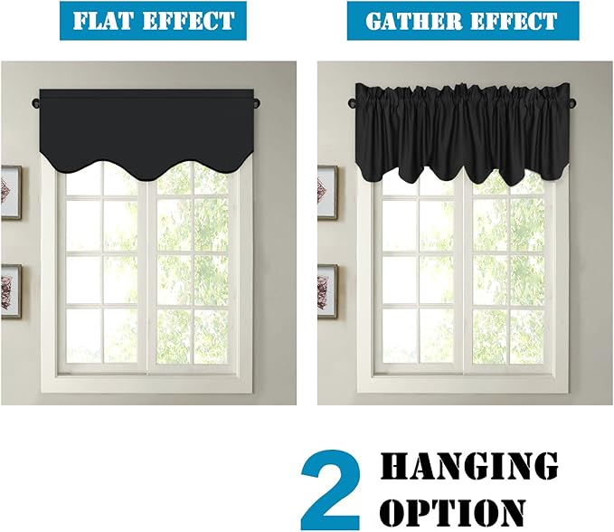 H.VERSAILTEX 2 Panels Blackout Curtain Valances for Kitchen Windows/Living Room/Bathroom Privacy Protection Rod Pocket Decoration Scalloped Window Valance Curtains, 52" W x 18" L, Black