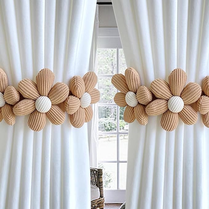 SRG Sunflower Curtain Tiebacks-2 Pack | Curtain Holdbacks with Three Flower | Curtain Tiebacks Boho | Japanese Curtain Ties | Cute Flower Curtain Ties Decorative for Bedroom Window Treatment （Khaki）