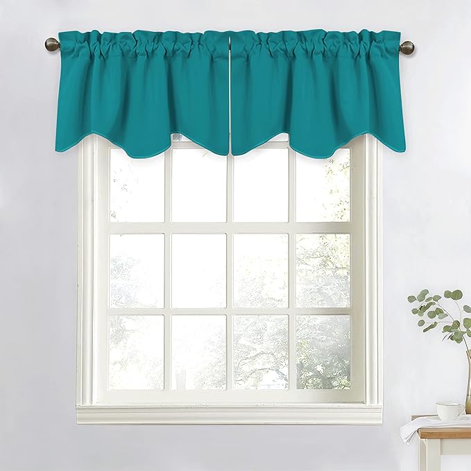 NICETOWN Blackout Curtain Valances Solid Rod Pocket Scalloped Valances Short Curtain Panels for Kitchen Window/Bedroom/Barthroom, 52" x 18" Inches, 2 Panels, Peacock Teal