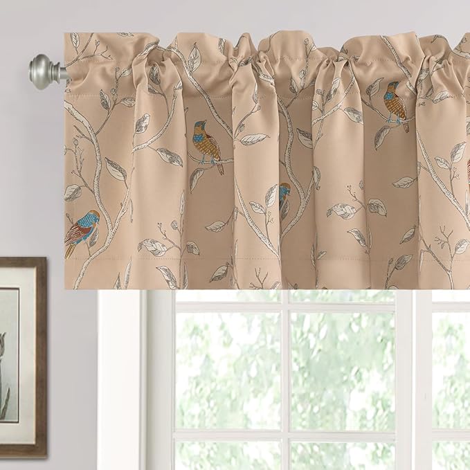 H.VERSAILTEX Blackout Curtain Valances for Kitchen Window/Living Room/Bathroom Privacy Added Rod Pocket Home Decoration Winow Valance, 52" W x 18" L, Birds in Taupe