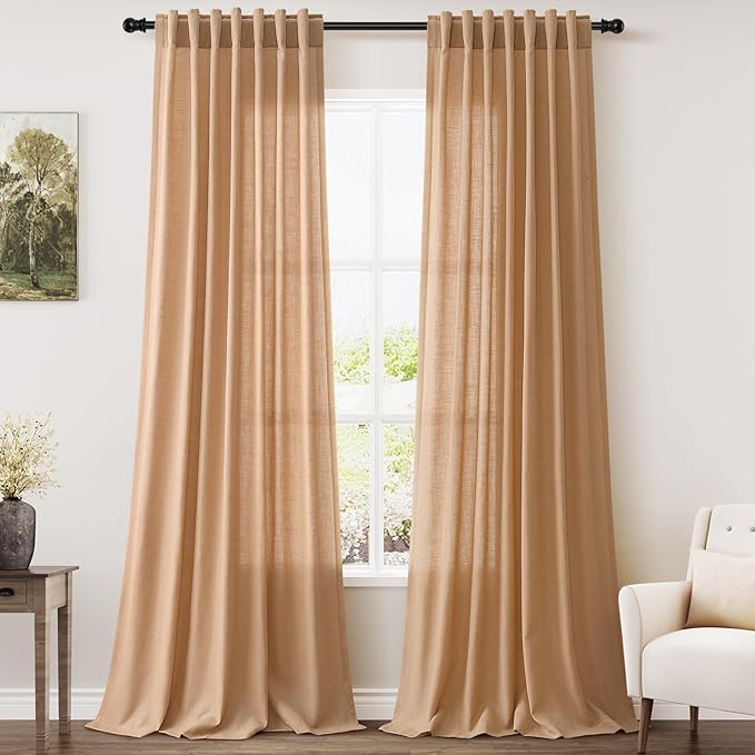 Camel Linen Curtains 90 Inch Length 2 Panels Set for Living Room Rod Pocket Back Tab Window Drapes Light Filtering Elegant Farmhouse Curtain 90 Inches Long for Dining Room Bedroom Nursery 52x90