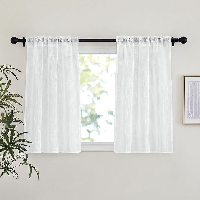 NICETOWN White Semi Sheer Linen Kitchen Curtains 36 inch Length, Rod Pocket & Back Tab Linen Weave Window Treatments Vertical Drapes Privacy with Light Through for Cafe, W29 x L36, 2 Panels